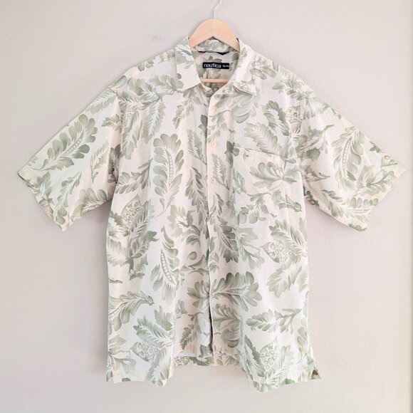 Vintage Nautica Men's Linen Blend Hawaiian Shirt Botanical‎ Tropical Vacation XL - Picture 1 of 14
